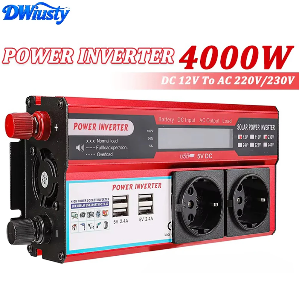 DWiusty, avec écran LED, onduleur de puissance 4000W, transformateur DC 12V vers AC 220V 230V, avec 4 prises USB et prise européenne pour les voyages et le camping.