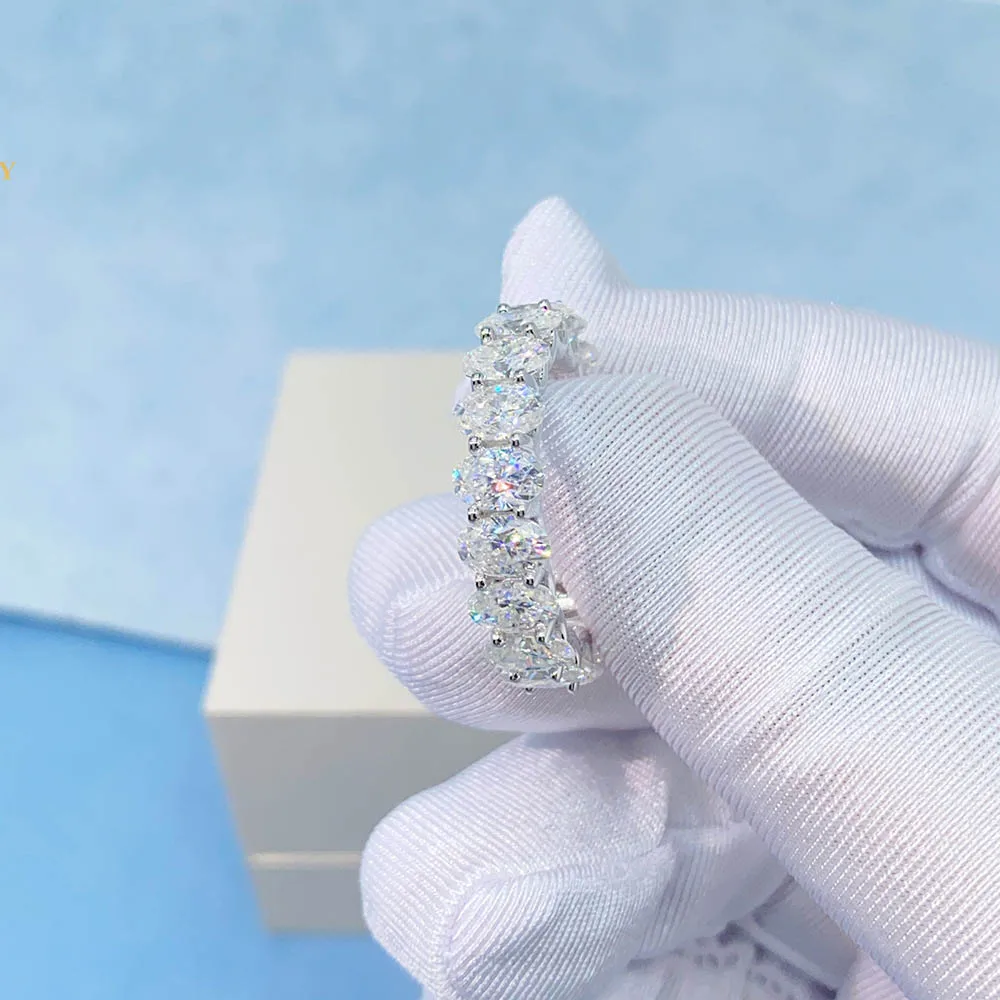 3x5mm 4x6mm D Color Oval Moissanite Eternity Ring for Men 925 Sterling Silver Iced Moissanite Diamond Wedding Band Pass Tester