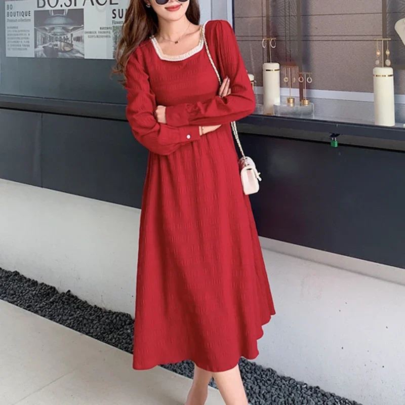 

Spring New Square Neck Long Dress French Patchwork Lace Beading Red Dress for Women Elegant Long Sleeve Dress Outfits Robe 24518