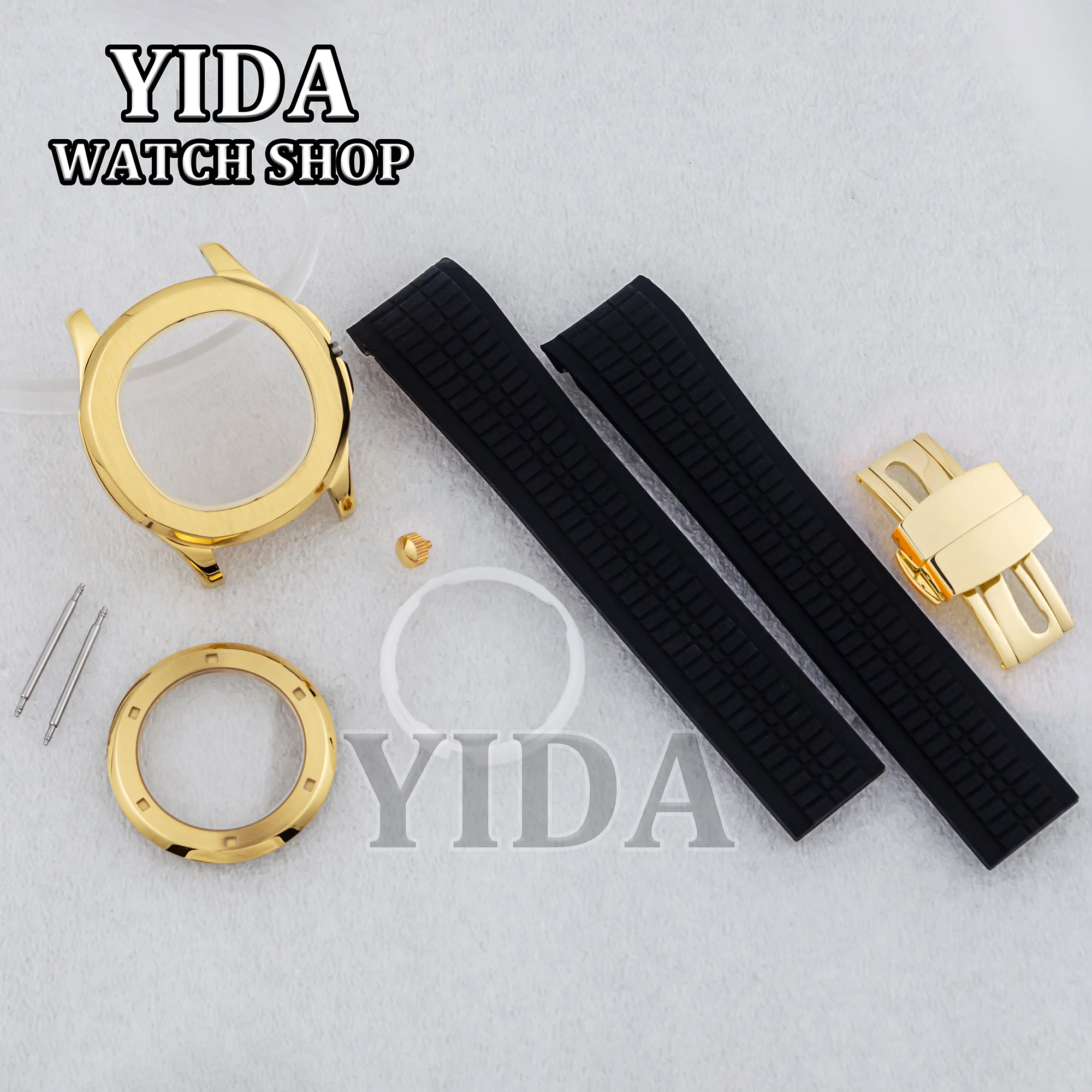 

42MM Gold NH35 Case Rubber Bracelet Sapphire Glass 100M Waterproof Mod Watch Parts for AQUANAUT Nautilus Fit NH35 NH36 Movement