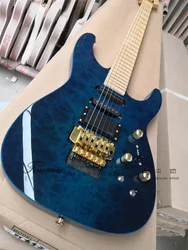 Blue Electric Guitar PC-1 Body Squilted Maple Veneer Maple Fingerboard Tremolo Bridge SSH Pickups Active Battery Gold Tuners