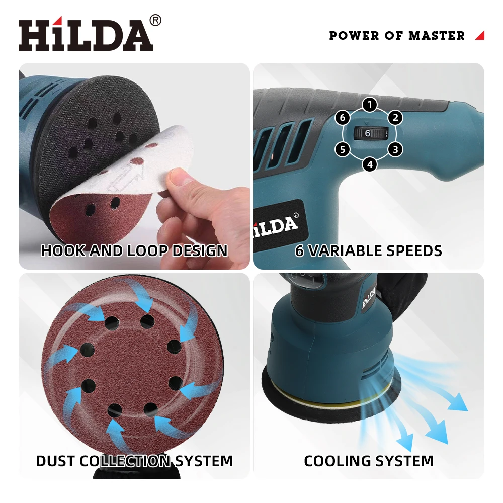 HILDA 300W Electric Eccentric Sander Variable Speed Sander with 5 Inch 125mm Sandpaper Car Polishing Machine With Dust Box