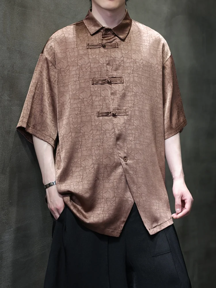 

Мужская рубашка из ледяного шелка с коротким рукавом, свободного кроя, тонкая, в китайском стиле, на пуговицах, модная версия Ханьфу, летняя новинка