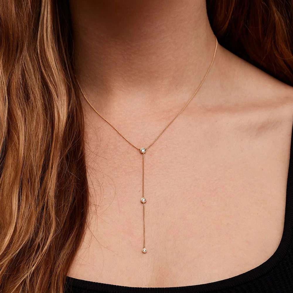 Fulsun Wholesale Jewelry 925 Sterling Silver Gold Plated Cz Zircon Dainty Cubic Zirconia Pendant Necklaces Y Bezel Lariat Neckla