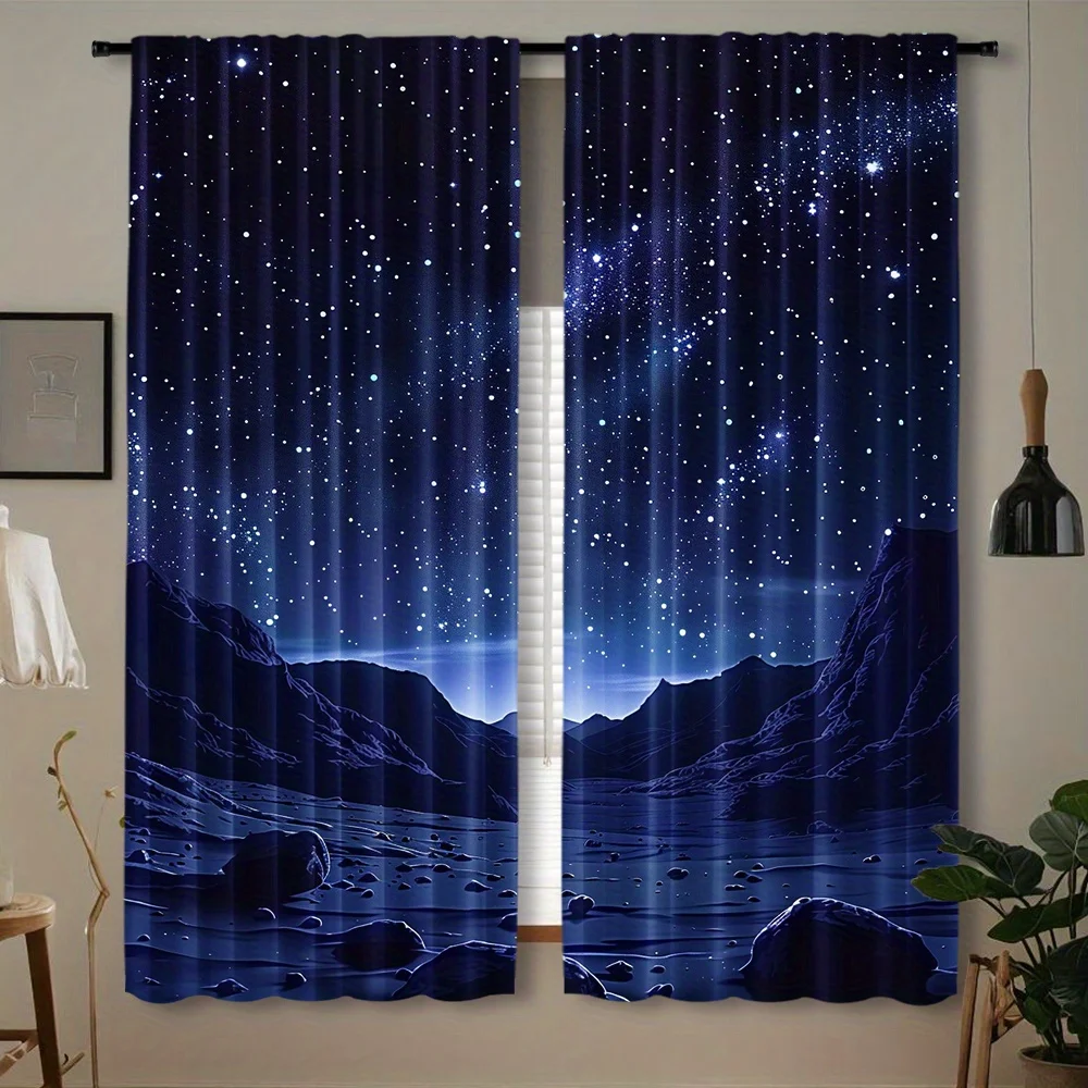Galaxy Night Sky Curtain Blue Stars Space Landscape Window Drapes for Bedroom Living Room Home Decor