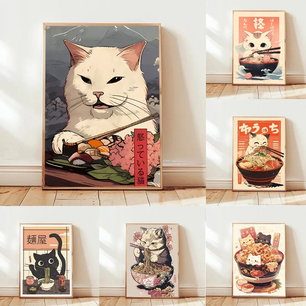 Pintura en lienzo sin marco, estilo Kawaii, con diseño de gato y ramen japonés, pósteres, impresiones en lienzo, decoración del hogar, arte de pared con temática de comida y fideos, 1 unidad.