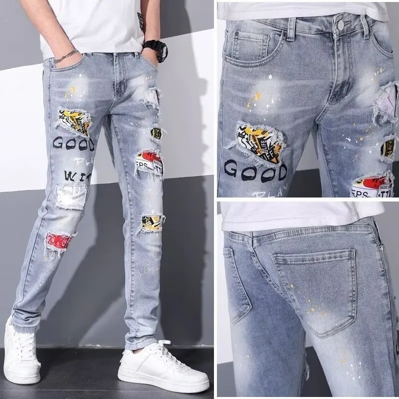 

Летние модные мужские джинсы, повседневные свободные брюки с эластичным принтом и дырочками, узкие длинные брюки, молодежная повседневная одежда