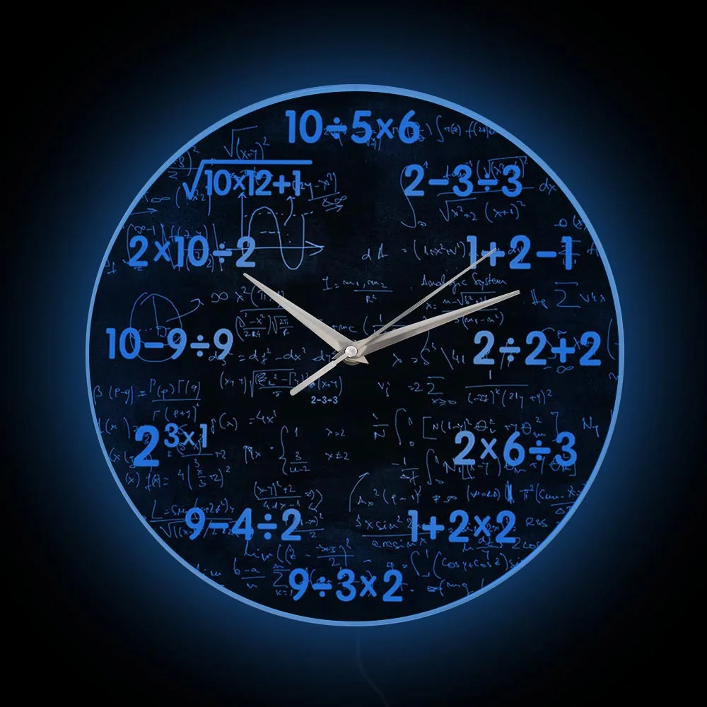 Math Equations Black Chalkboard Print Wall Clock School Study Room Geek Decor Mathematics LED Lighting Clock Bedside Wall Lamp