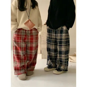 Kids' Plaid Wide-Leg Wool Pants Boys & Girls Winter Clothes Warm Autumn Winter Bottoms 3