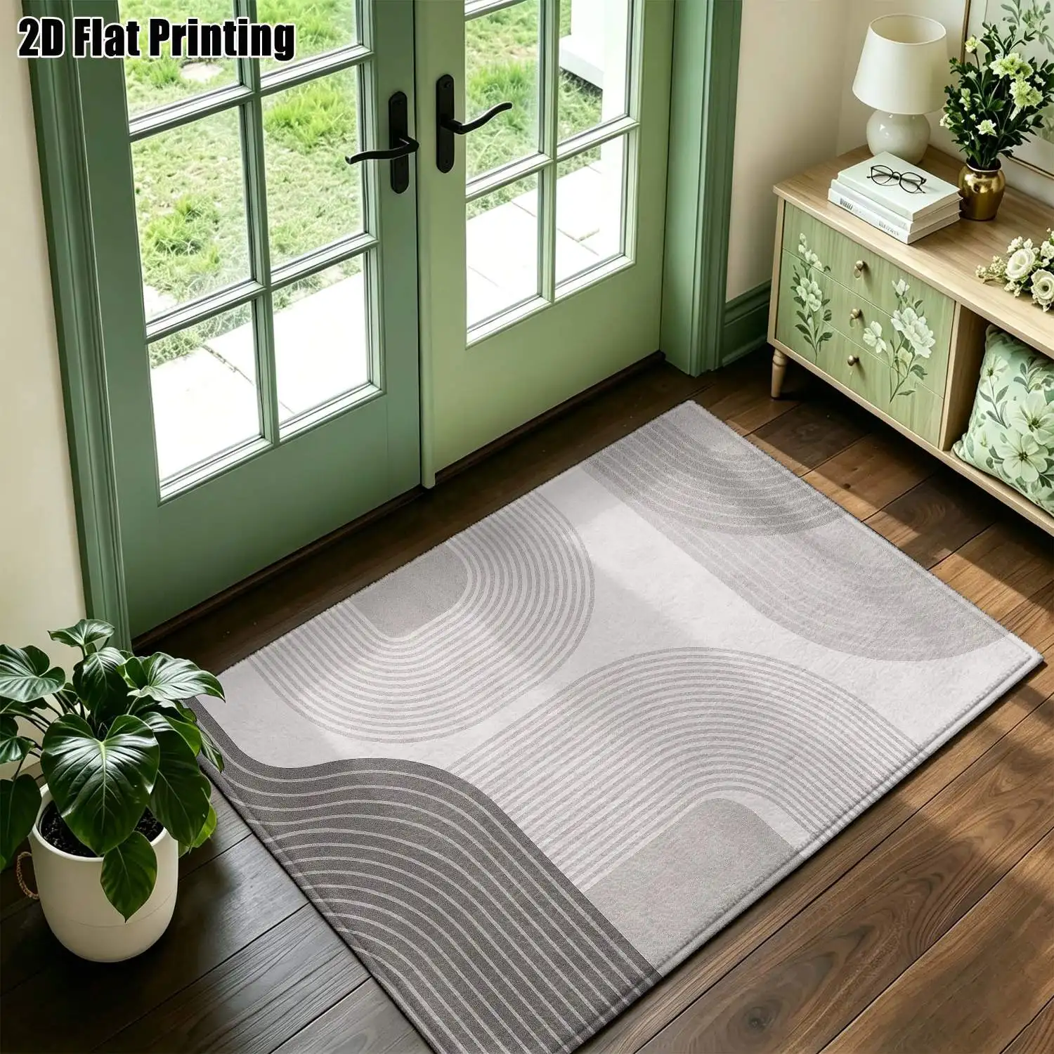 1Pc 2D Printed Gray-White Geometric Line Nordic-Style Carpet, Instagram-Inspired Modern Minimalist Floor Mat, Machine Washable, Multi-Size, Suitable for Home Decor, Entrance/Dining Room/Foyer/Living Room/Bedroom Use
