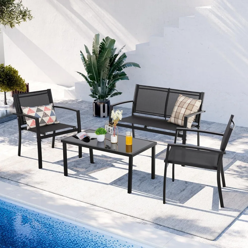 

4 Pieces Patio Furniture Set All Weather Textile Fabric Outdoor Conversation Set, with Glass Coffee Table, Loveseat, 2 Single C