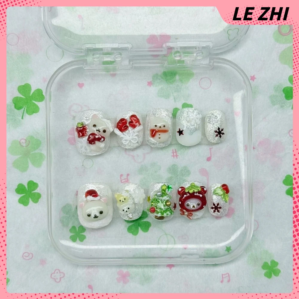 Dibujos animados Rilakkuma conejo gato hecho a mano corto cuadrado prensa en las uñas Bowknot copo de nieve alas notas musicales pegatina de fiesta de uñas