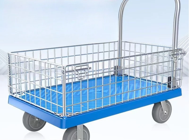 

Thickened trolley with fence, shopping mall four-wheel truck, portable folding dual-purpose express truck, supermarket pulling