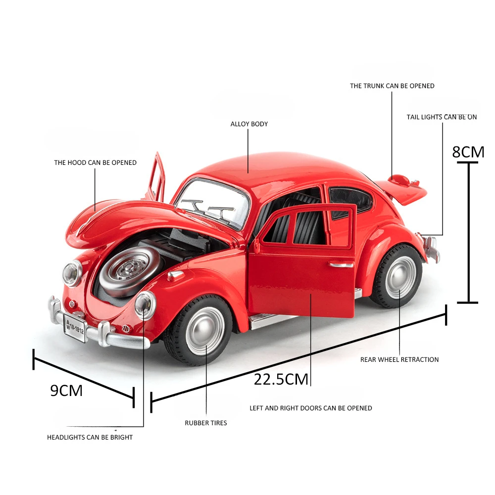1:18 1955 フォルクスワーゲンビートルクラシックカーシミュレーションダイキャストメタル合金モデルカーサウンドライトプルバックコレクション子供のおもちゃのギフト