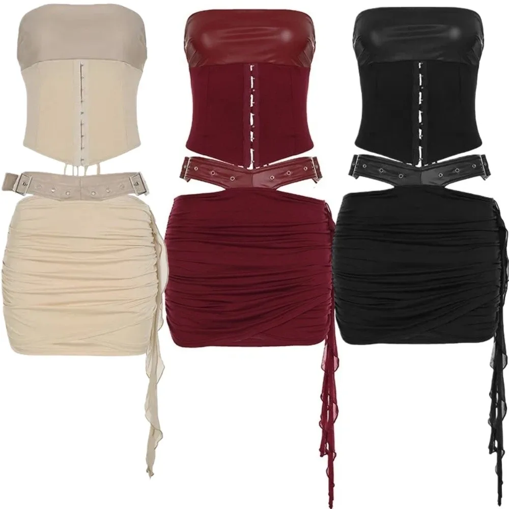 Sexy fora do ombro saia curta conjunto de couro estilo coreano com cinto bondage saia doce fino ajuste pacote hip saia streetwear