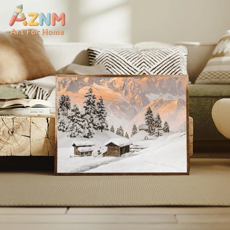 1pc frameless Canvas Painting Retro Winter Snow Scene Wooden House Urban Landscape Posters Prints Canvas Painting Wall Art Pictu