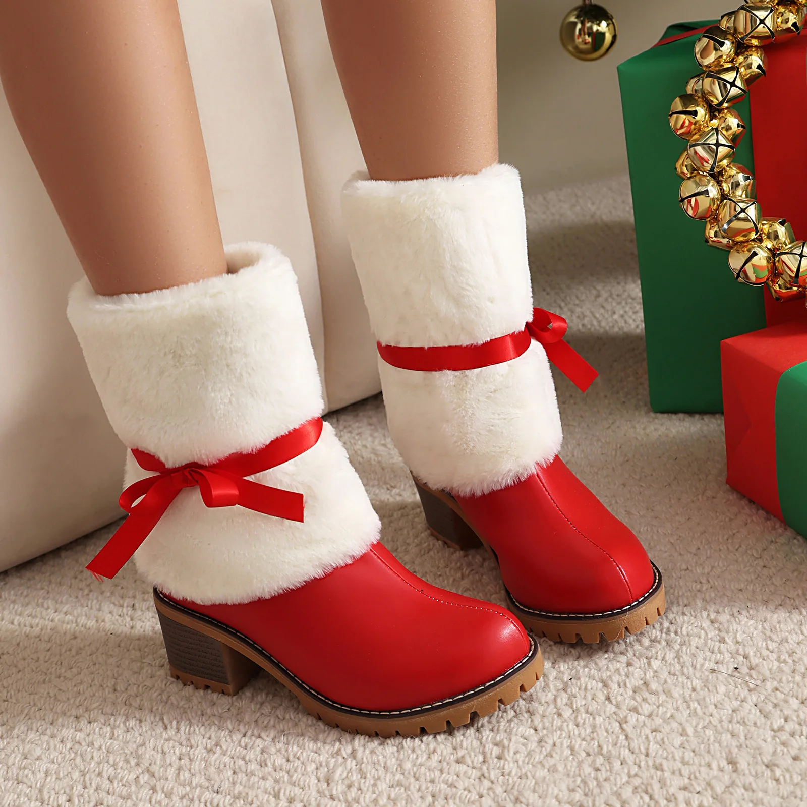 

Women's Boots Chunky Heel Winter Furry Shoes Bowknot Women Warm Snow Boots Red Christmas Shoes