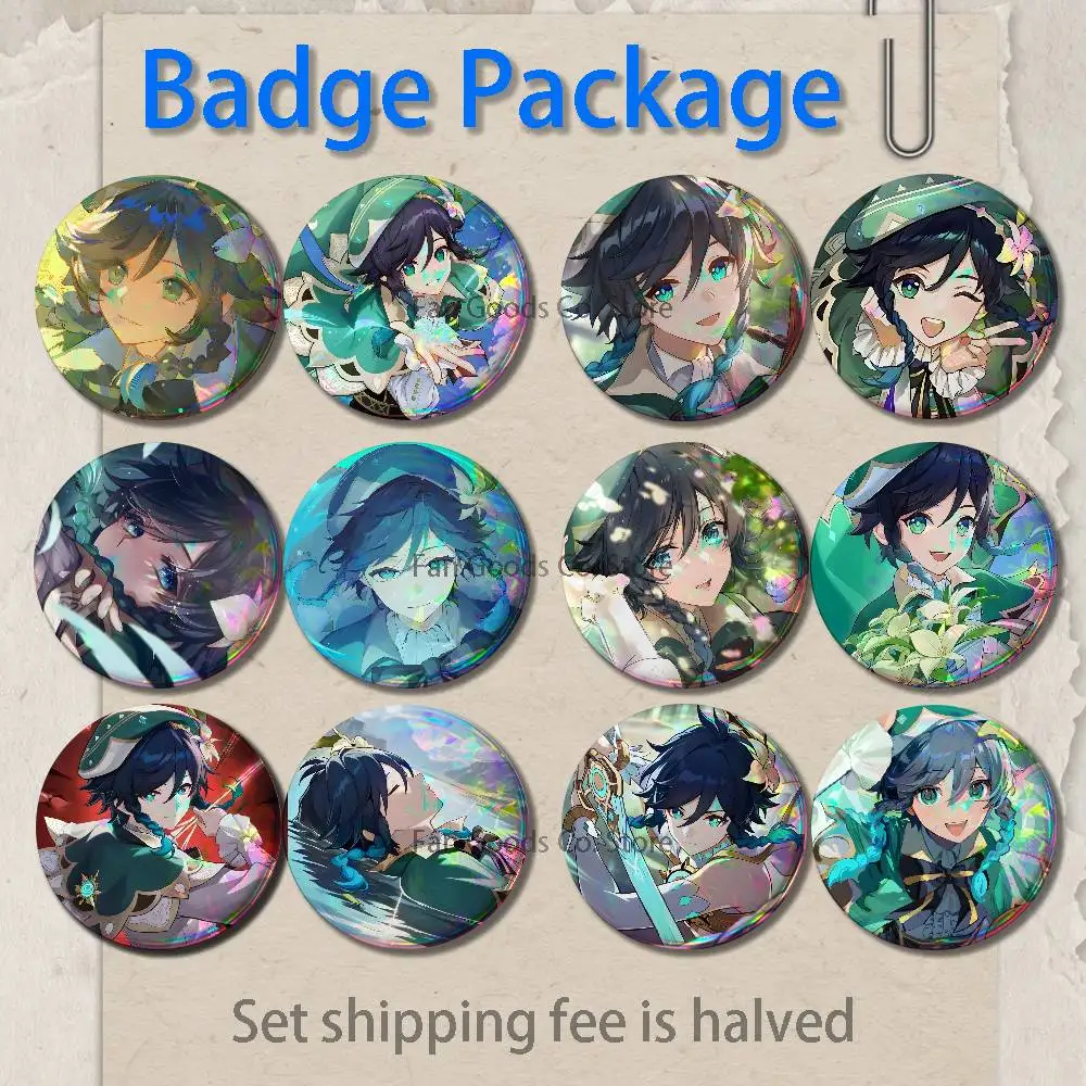 Game G-Genshin Impact Venti Brooches for Backpack Accessories 25,32,44,58,75mm Round Enamel Pins 2-piece set Cartoon Anime Badge