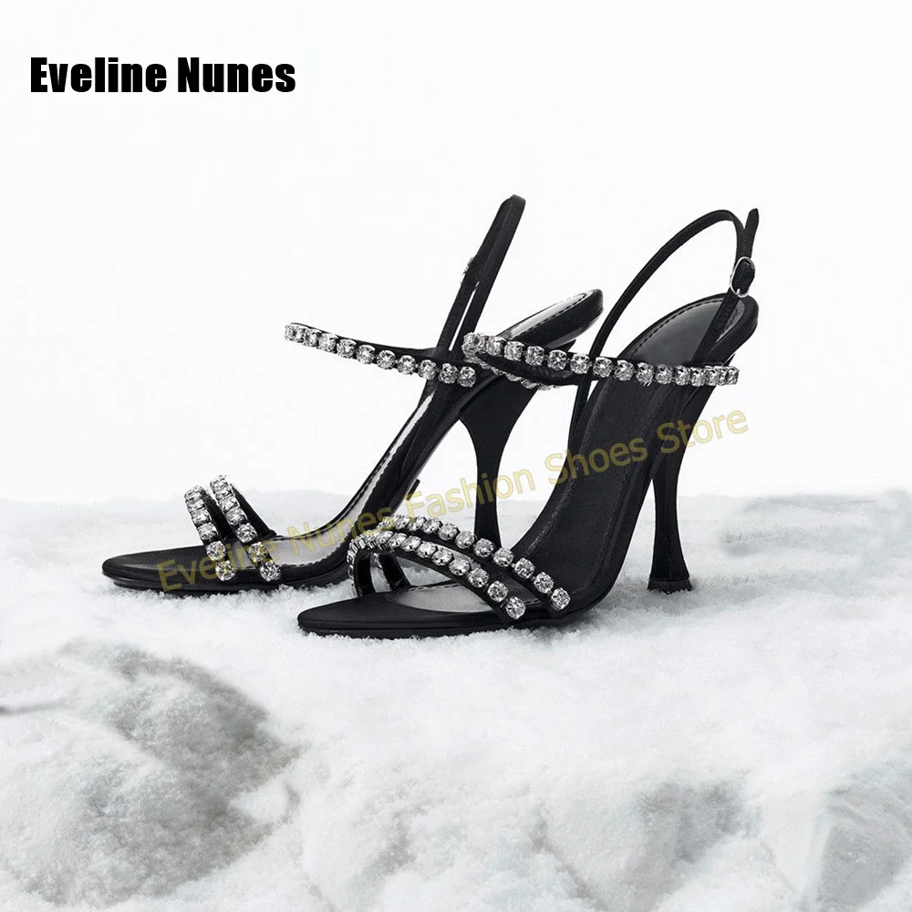 Elegant Black Crystal Rhinestone Sandals Women Round Toe Stiletto Thin Strap Slingback Club Wedding Party Dress Shoes 2026 Trend
