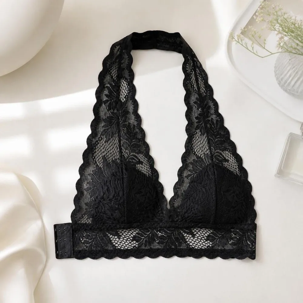 Vestenartiger Neckholder-BH mit Spitze, Push-Up-Effekt, transparentem Netzstoff, Schönheitsrücken, seitlicher Schnalle, unsichtbarer, drahtloser BH für den täglichen Gebrauch. – Detail 8