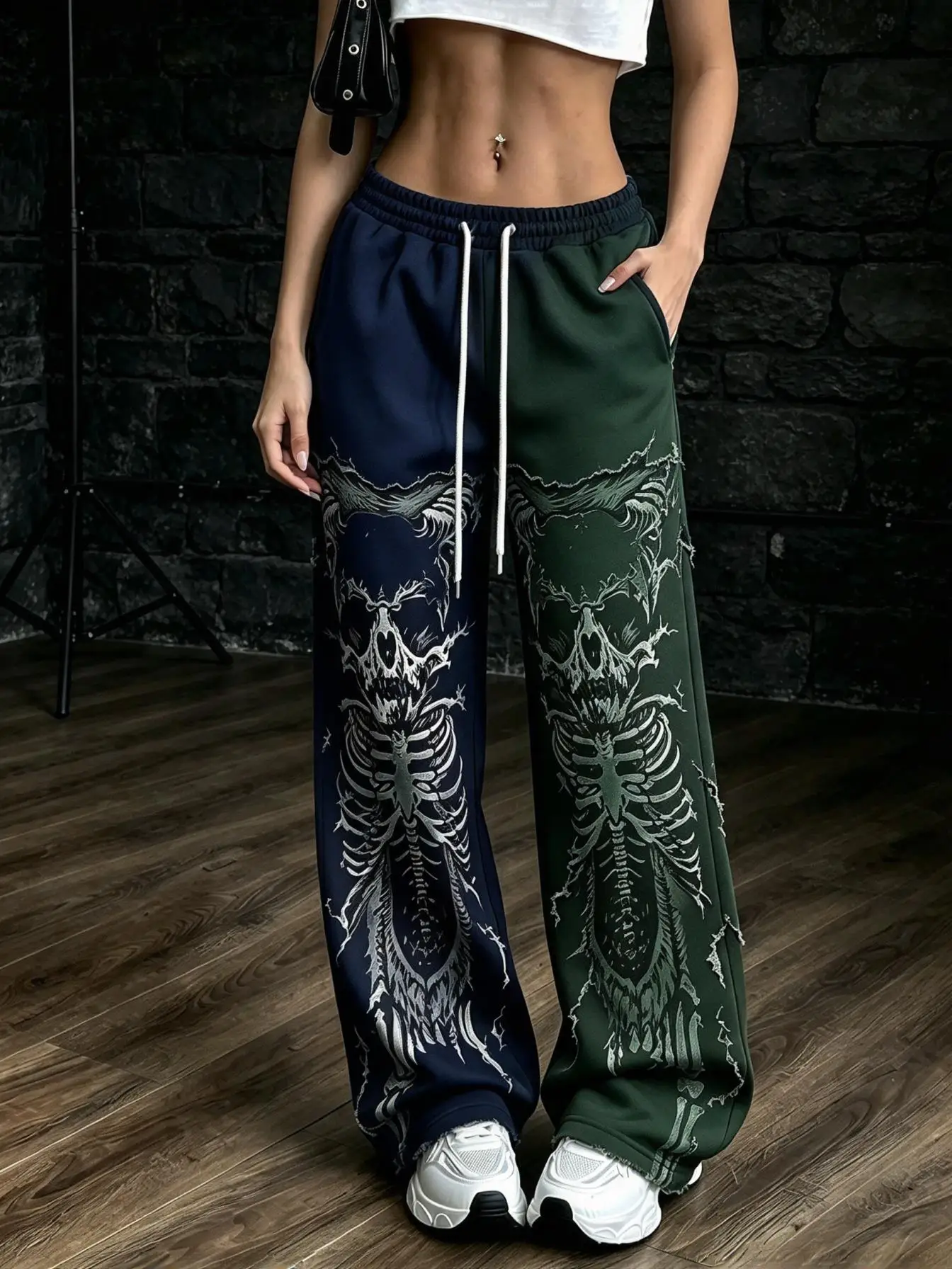 Women Gothic Skeleton Cross Scythe Print Wide Leg Sweatpants Drawstring Elastic Waist Trousers