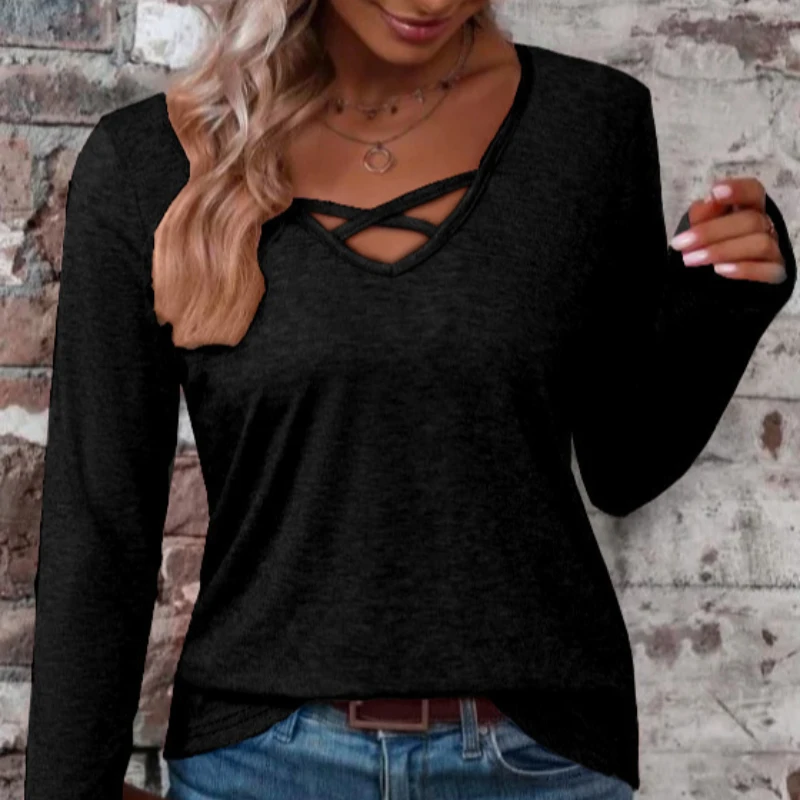 เสื้ออเนกประสงค์สำหรับทุกเพศ เนื้อผ้านุ่ม สวมใส่สบาย เหมาะสำหรับใส่ในชีวิตประจำวัน สไตล์ยุโรปอเมริกัน สีดำล้วน ผ้าฝ้าย แขนยาวไขว้ คอวี ลำลอง เรียบง่าย