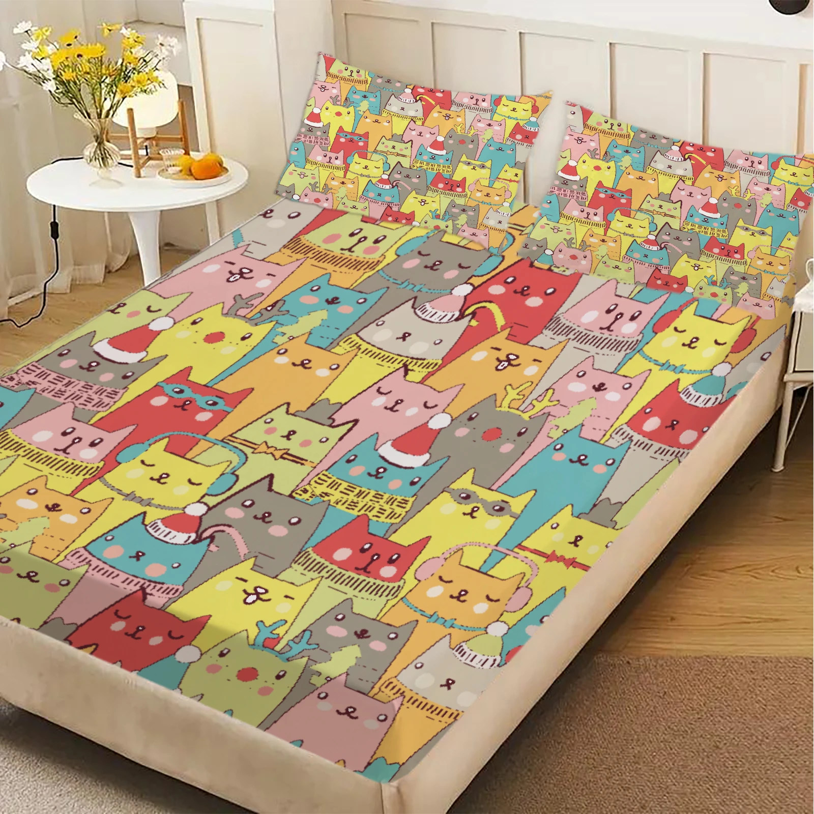 3pcs Fitted Sheet Set Colorful Cats Wearing Hats And Scarves Wrinkle Resistant Bed Sheet With Pillowcases For Bedroom Decor