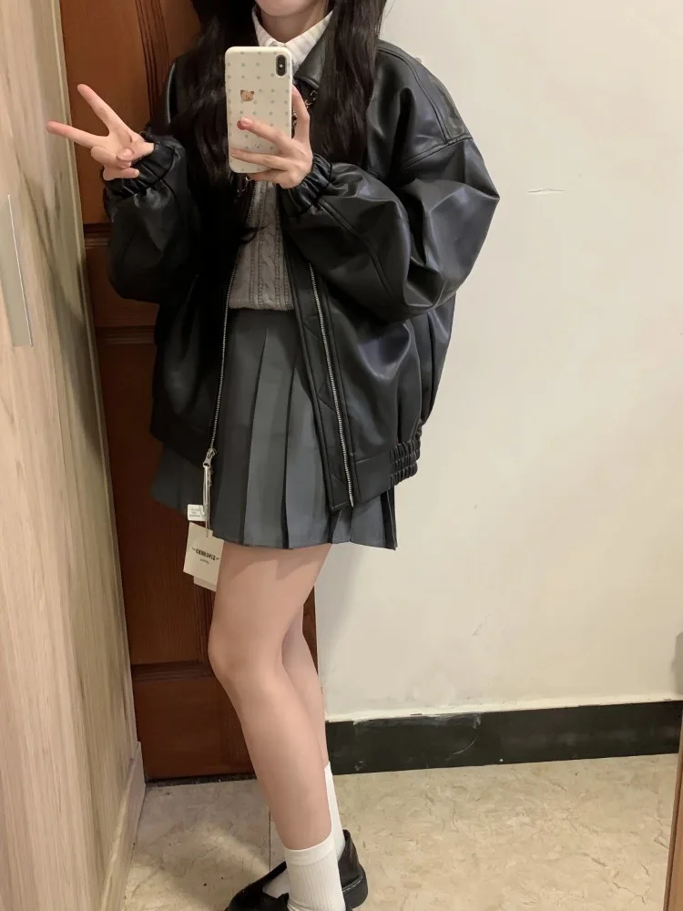 Black Vintage PU Leather Jacket Women High Street Fashion Zipper Leather Jacket Female 2025 Summer Streetwear Loose Casual Coat