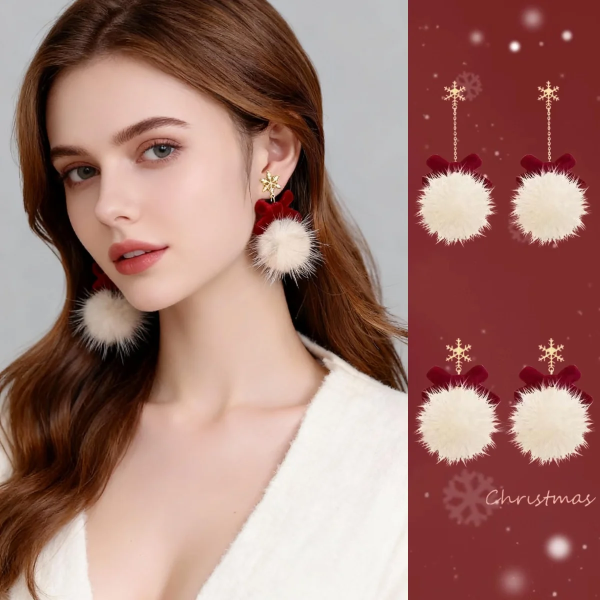 

Snowflakes and Butterflies Silver Stud Earrings with Tassel and Pom-Pom Pendants Luxury-inspired Christmas Earrings for Woman