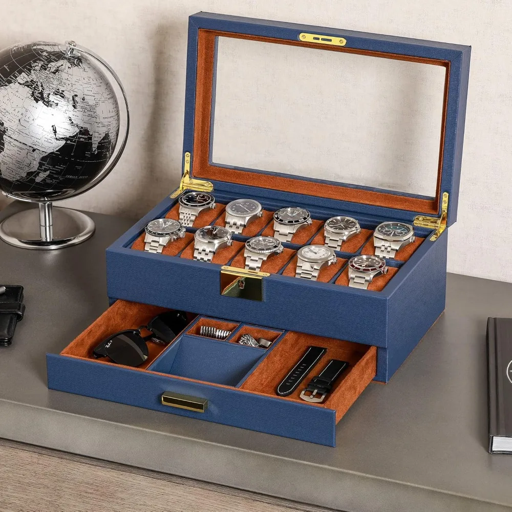 10-Slot Watch Box with Valet Drawer, Luxury Display Organizer with Glass Top, Soft Microsuede Liner for Watches Jewelry Sunglasses (Blue/Tan) view 3
