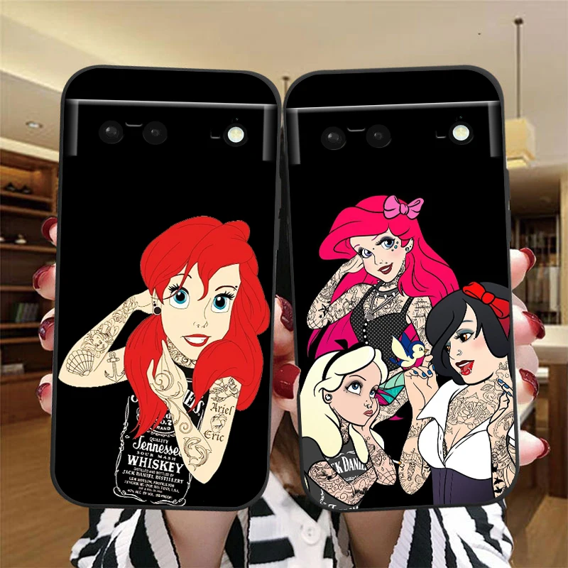 Disney Princess Tattoo For Google Pixel 8 7A 7 6A 6 5A 5 4 4A XL 5G Black Silicon Shockproof Shell Funda Phone Case