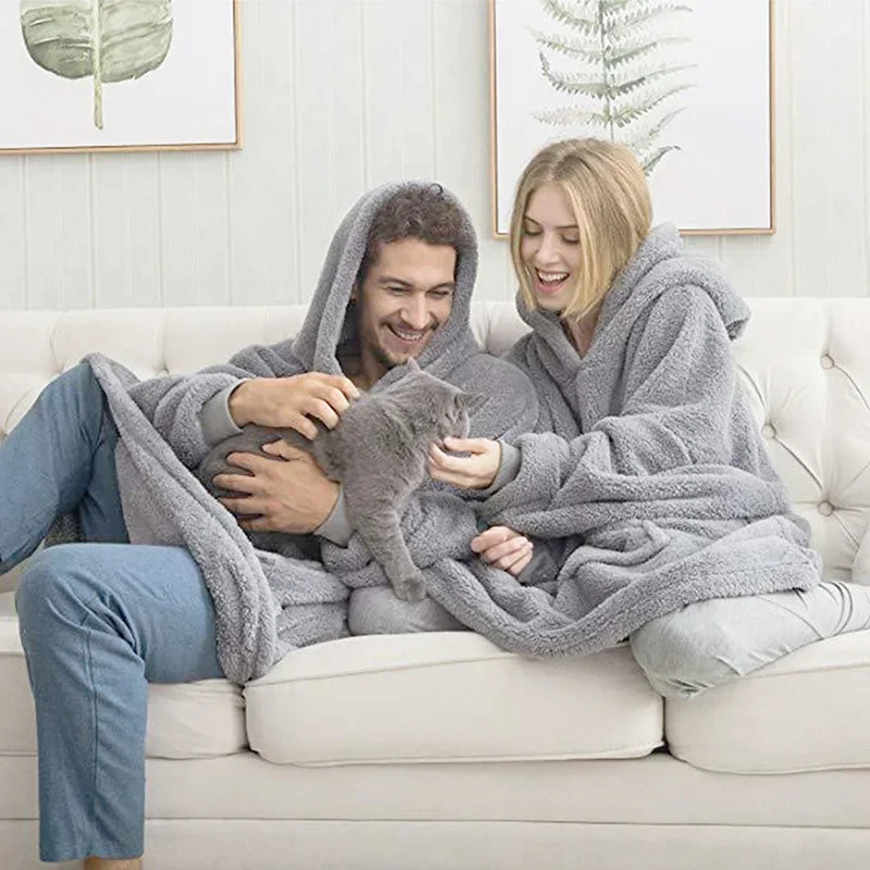 

Women Winter Thick Warm Hooded Outerwear Solid Elegant Soft Double Fleece Jacket Unisex Pocket Pullover Long Hoodies Home Wear