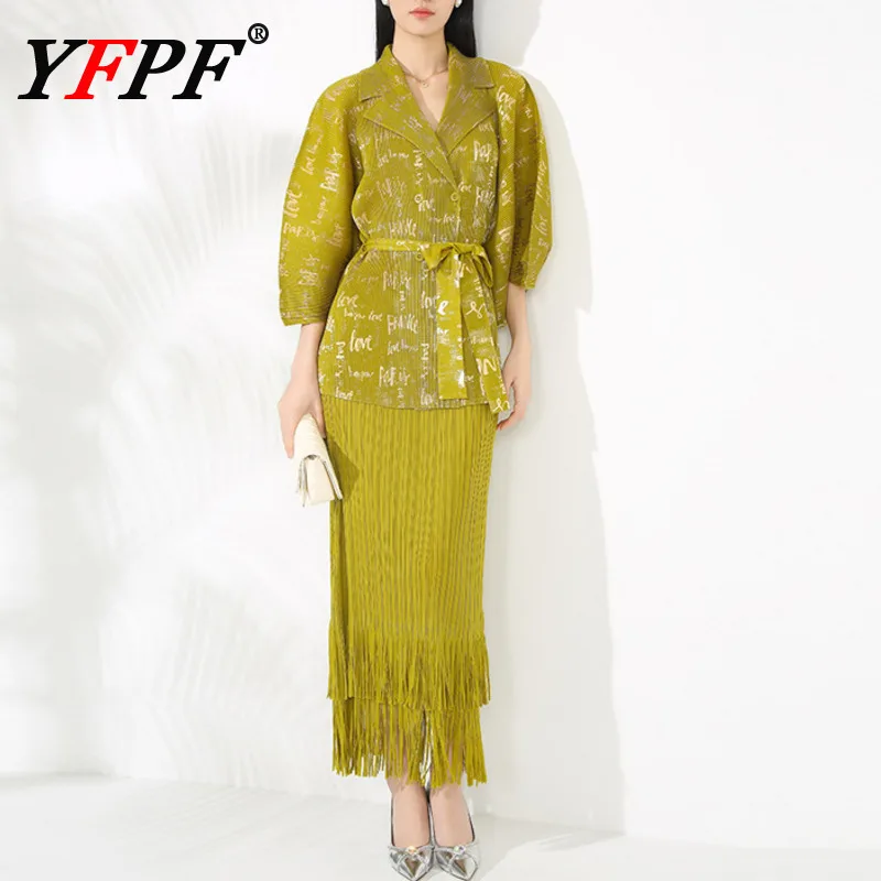 

YFPF 2025 Miyake Pleated Design Two Piece Set Women Bronzing Print Belt Tops + Tassel Patchwork Long Skirt Elegant Clothing
