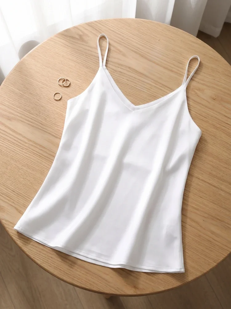 Damen Camisole 2026 Sommer Spaghetti-Träger Damen Tank Top Neckholder V-Ausschnitt Basic Weiß Cami Ärmellos Satin Seide Tops – Detail 4