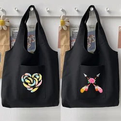 Bolso de mano de la serie de plumas para mujer, bolsa de compras de tela reutilizable plegable, estilo Harajuku, bolso de mano de lona para estudiantes