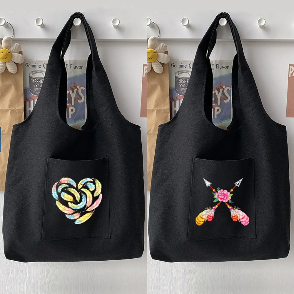 Ladies Shopping Bag All-match Feather Series Handbag Foldable Reusable Cloth Shopper Harajuku Style Bags Student Canvas Tote Bag