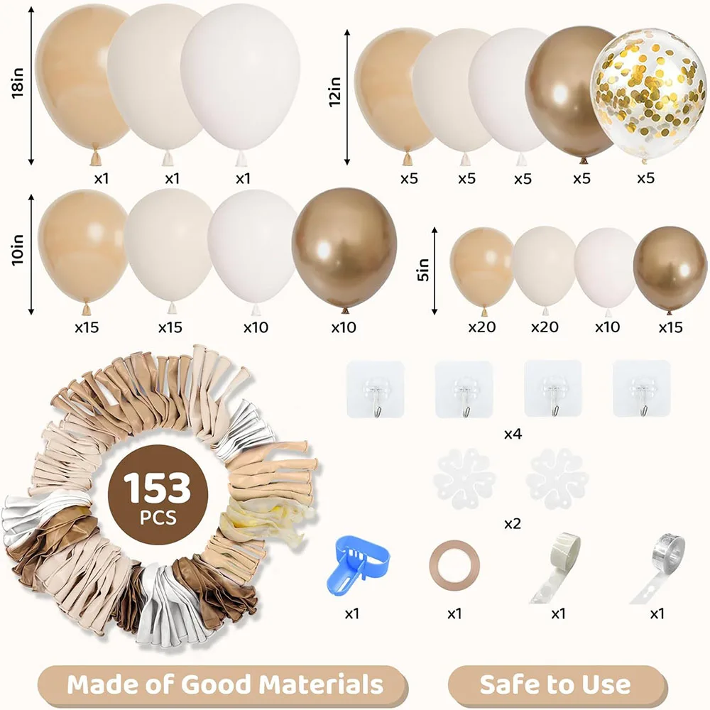 153 Pieces of White Sand Balloon Garland Arch Set, Different Sizes 45.72 30.48 cm Beige Cream Champagne Gold Latex Metal Confetti Balloon Suitable