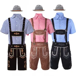 M-XXL Men German Oktoberfest Lederhosen Costume Short Sleeve Plaid Shirt Suspenders Hat Set Beer Festival Male Cosplay Halloween