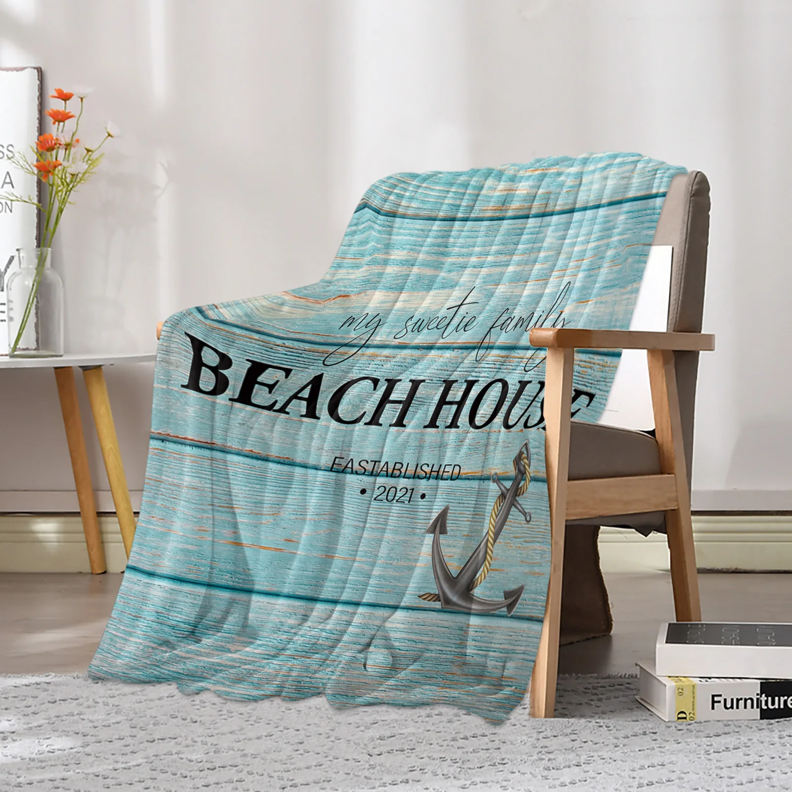 Wood Grain Anchor Beach House Printed Throw Blanket Flannel Fleece Blankets Soft Throws for Sofa Couch Bed Bedroom Bedspread