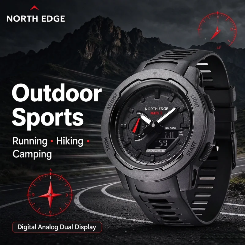 NORTH EDGE Mars3 Men Military Watch Digital Analog Dual Display Carbon Fiber Case 50M Waterproof World Time LED Backlight Outdoo