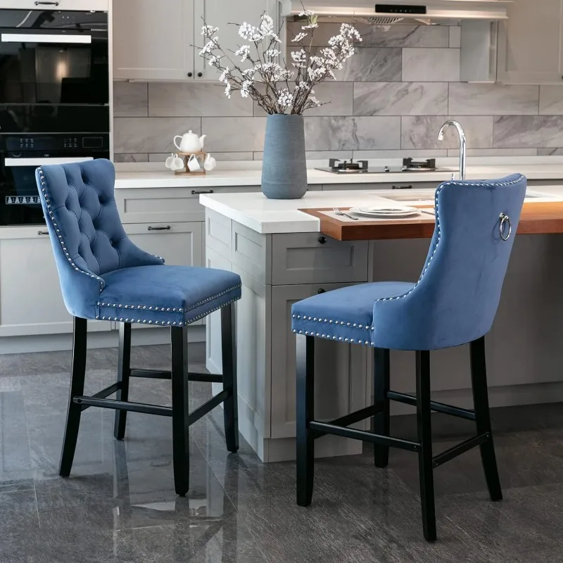 Counter Height Bar Stools Set of 2, Velvet Upholstered Barstools with Solid Wood Legs, Button Tufted and Nailheads Trim