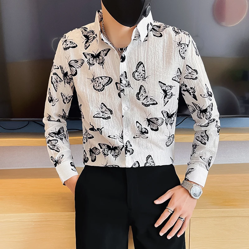 

Retro Butterfly Printed Long-sleeved Men Shirt Trendy Folds Design Slim Fit Mens Floral Shirts Wedding Party Social Tuxedo Shirt