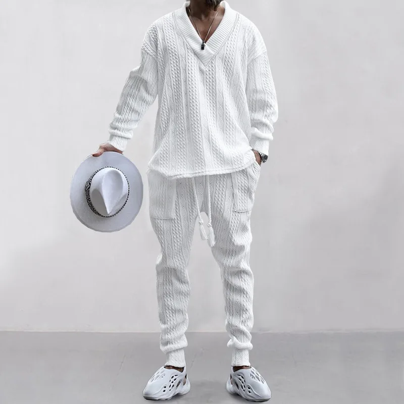 2025 Cross-border New Men's Casual Trousers V-Neck Versatile Jacquard Knitted Sweater Set