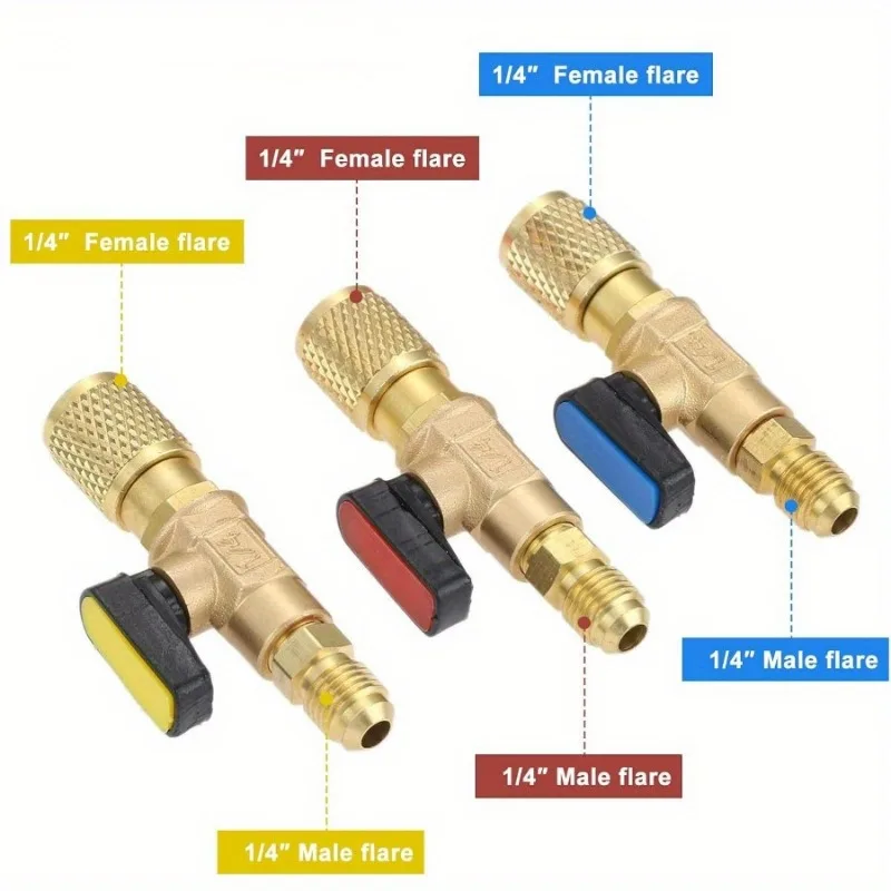 صمام كروي لمكيف الهواء 1/4 بوصة SAE، R134a A/C صمام كروي HVAC، تركيبات منخفضة الخسارة HVAC لـ R134A R410A R12 R22 R502