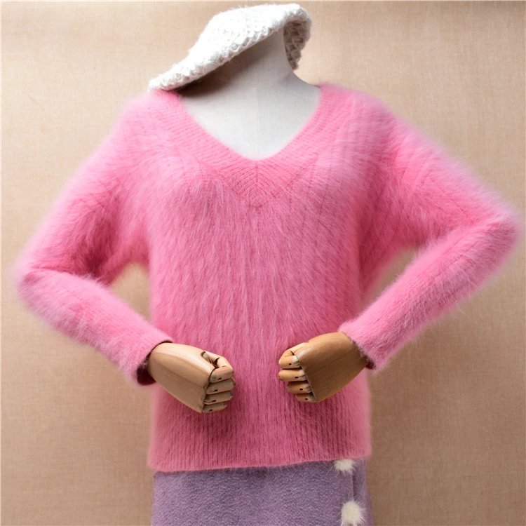 Ladies Women Fall Winter Clothing Pink Striped Hairy Angora Rabbit Hair Knitted V-Neck Slim Blouses Pullover Jumper Sweater Pull