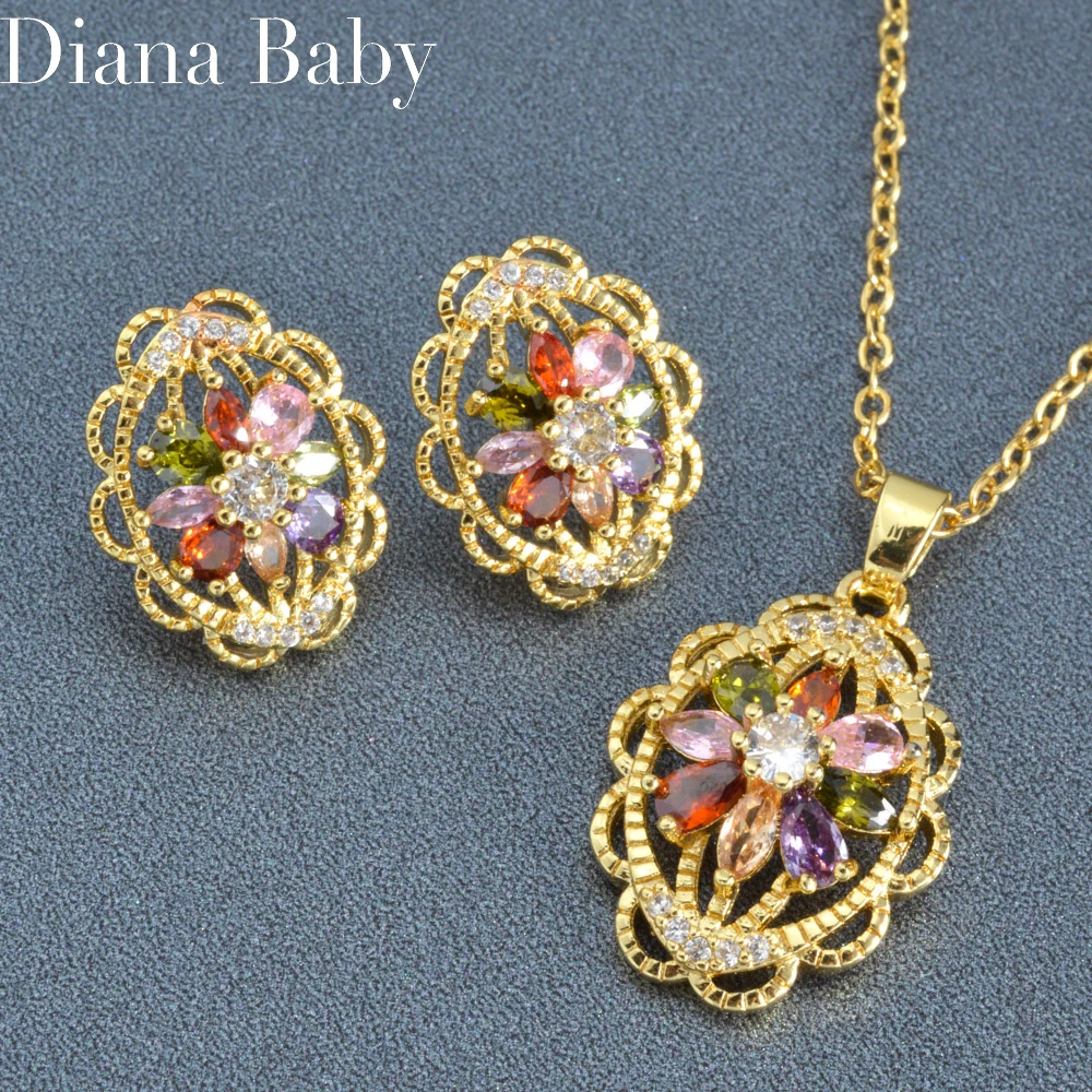 

Diana Baby Zircon Necklace Earring Jewelry Set Shiny CZ Zirconia Romantic Flower Pendant For Women Luxury Jewelry Free Shipping