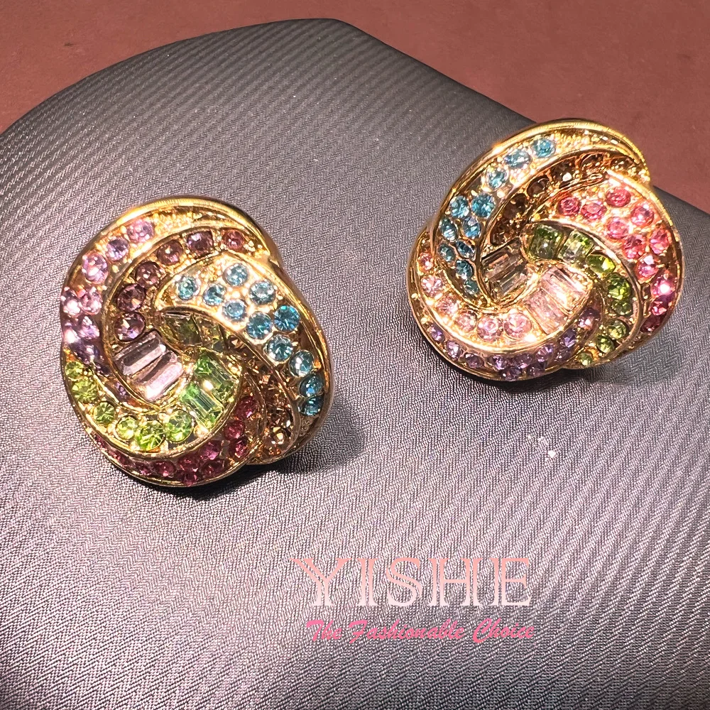 Medieval earrings rainbow diamond vintage geometric court style plated real gold 925 premium sense diamond versatile stud earrin