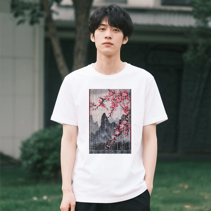 Vintage Cherry Blossom Tee Japanese Woodblock Art Graphic Print Breathable Round Neck Ukiyo-e Streetwear Casual Summer Anime Top