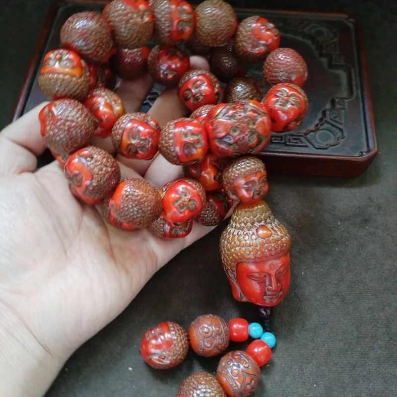 Retro Red Buddha Face Prayer Bead Mala Necklace Vintage Carved Buddha Head Ethnic Meditation Jewelry