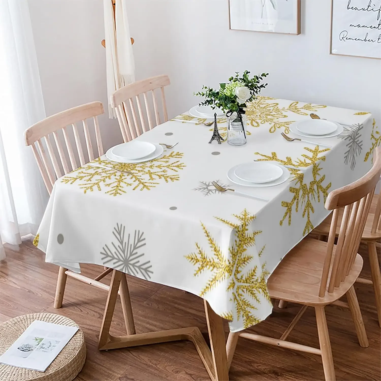 Christmas Yellow Gray Snowflake Rectangle Tablecloth for Table Decor Winter Xmas Kitchen Dining Tablecloth Christmas Decorations